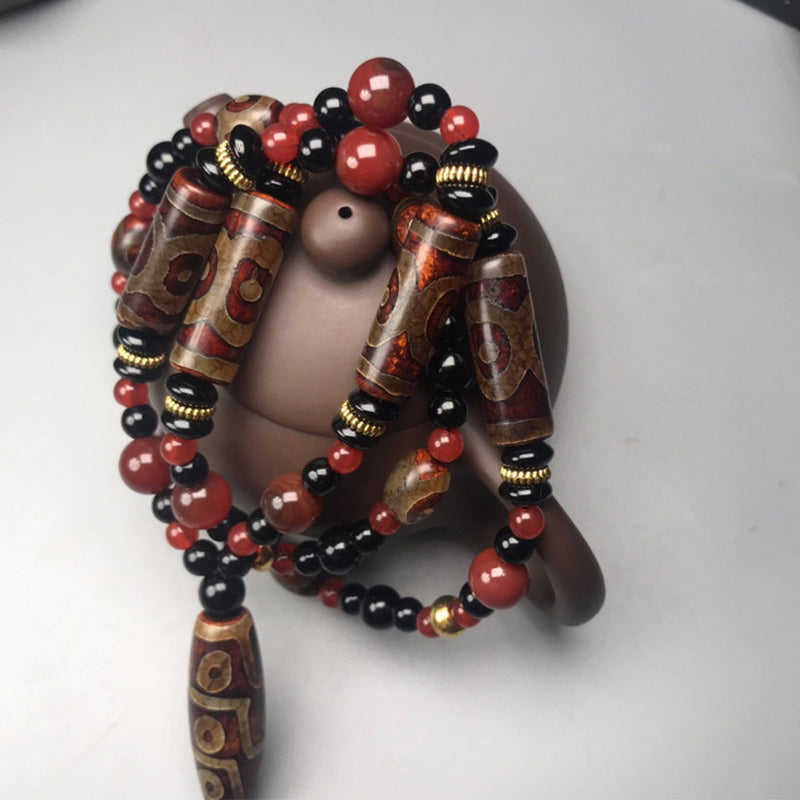 Mythstone Nine-Eye Dzi Bead Red Agate Wealth Health Necklace