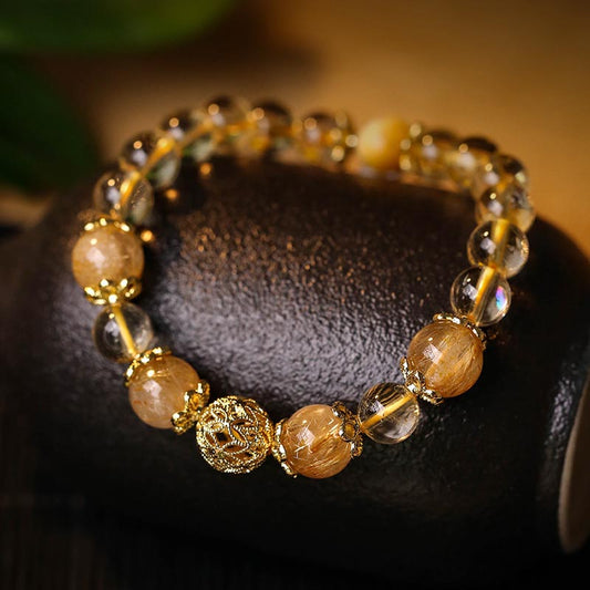 Mythstone Natural Citrine Amethyst Rutilated Quartz Prosperity Protection Bracelet