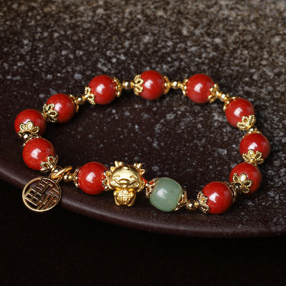 Mythstone Year of the Dragon Natural Cinnabar Fu Character Charm Blessing Bracelet