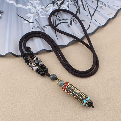 Mythstone Tibetan Om Mani Padme Hum Dzi Bead Wenge Wood Necklace Pendant