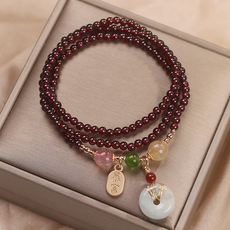 MythStone Natural Garnet Strawberry Quartz Crystal Fox Koi Fish Peace Buckle Fortune Protection Triple Wrap Bracelet