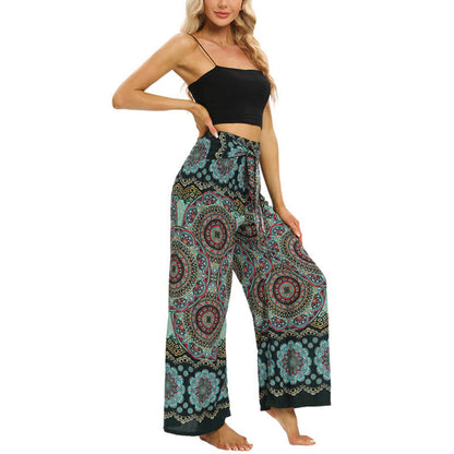 Mythstone Boho Mandala Print Lace-up Wide Leg Pants Women's Yoga Pants