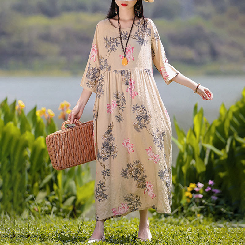 Mythstone Flowers Print Midi Dress Tunic Dress With Pockets