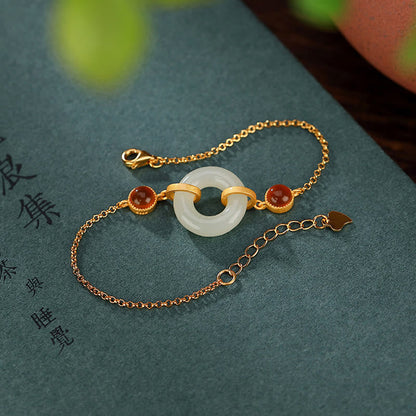 Mythstone 925 Sterling Silver Plated Gold Natural Hetian Jade Peace Buckle Red Agate Luck Bracelet