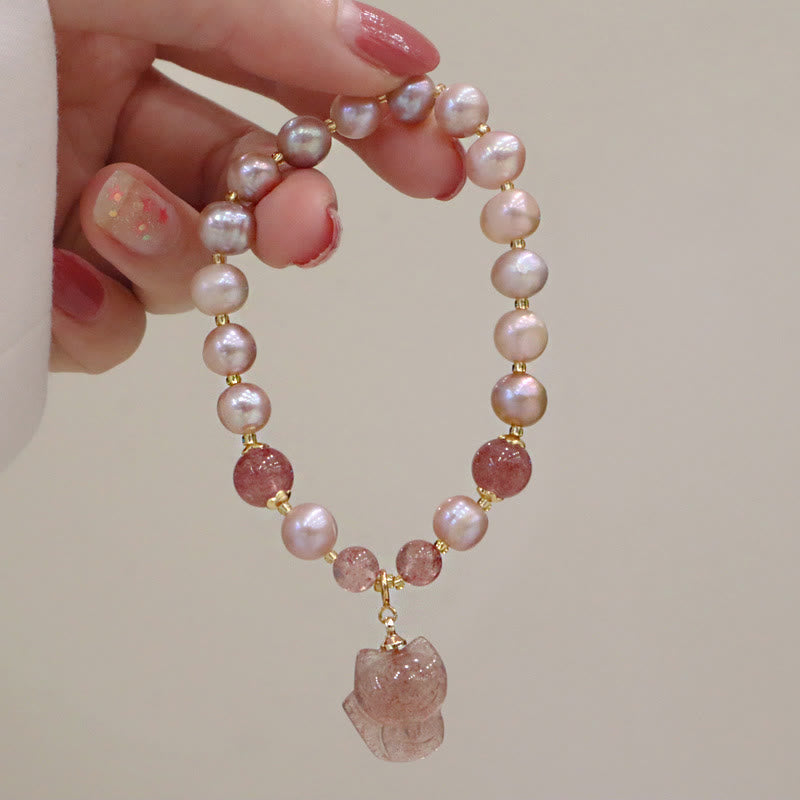 Mythstone Natural Pearl Strawberry Quartz Cute Fox Love Healing Charm Bracelet