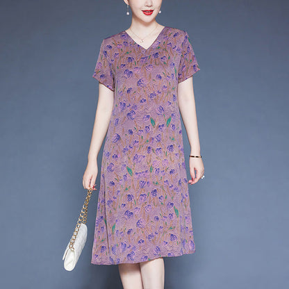 Mythstone V-Neck Tulip Flowers Short Sleeve Midi Dress With Pockets