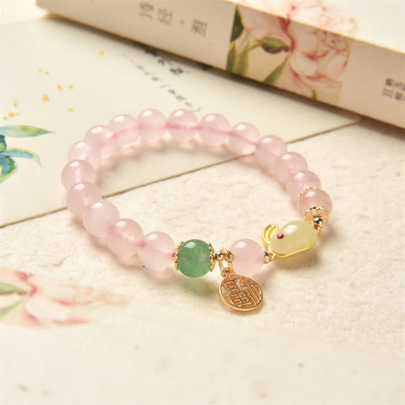 Pulsera de conejito de amor y felicidad con ágata verde y cristal rosa natural del año del conejo