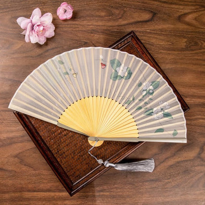 Mythstone Jasmine Lotus Begonia Flowers Handheld Bamboo Folding Fan