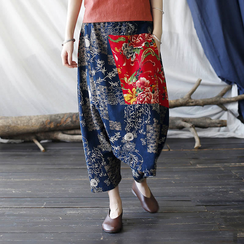 Pantalones harén de lino y algodón con bolsillos, diseño de peonías rojas, bambú azul y crisantemo, patchwork 