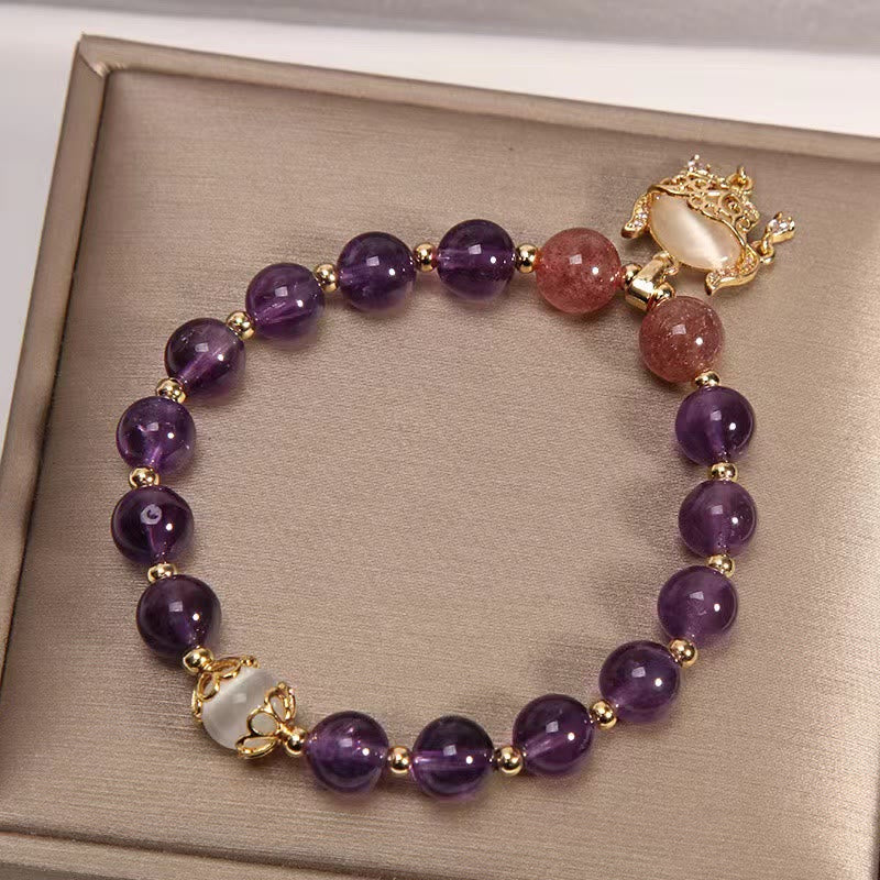 Mythstone Natural Amethyst Strawberry Quartz Cat Eye Chinese Lock Charm Healing Bracelet