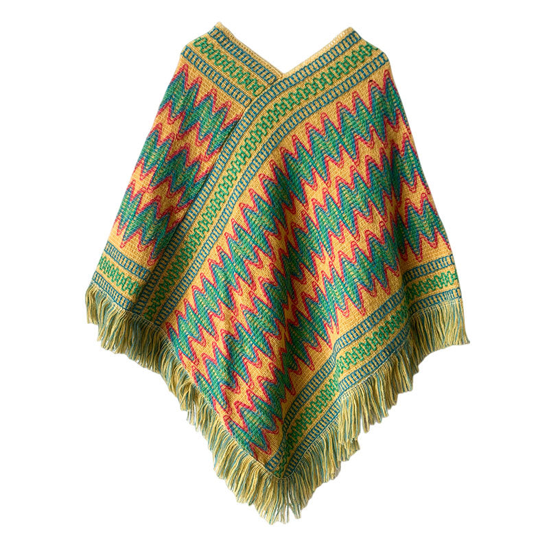 Mythstone Tibetan Shawl Striped Knitted Tassels Pullover Winter Cozy Travel Scarf Wrap