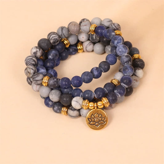 MythStone 108 Mala Beads Sodalite Zebra Jasper Crystal Lotus Strength Bracelet