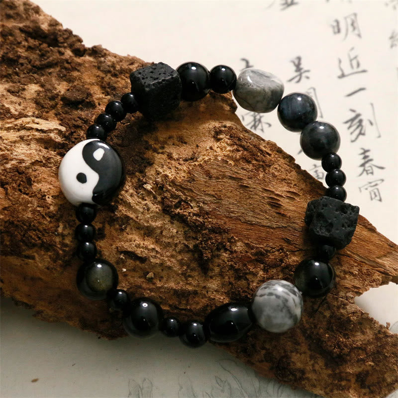 Mythstone Black Onyx Picasso Jasper Bead Yin Yang Fortune Protection Bracelet