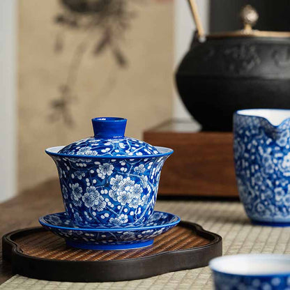 Mythstone Plum Blossom Blue And White Porcelain Ceramic Gaiwan Sancai Teacup Kung Fu Tea Cup And Saucer With Lid 185ml