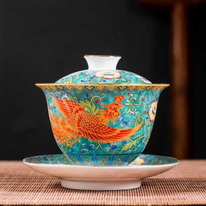 Mythstone Dragon Phoenix Flower Design Ceramic Gaiwan Sancai Teacup Kung Fu Tea Cup And Saucer With Lid