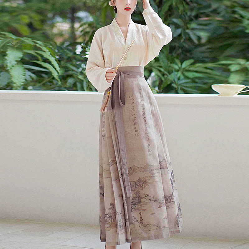 Mythstone V-Neck Long Sleeve Shirt Top Chinese Hanfu Ink Printing Landscape-Printed Horse Face Skirt Mamianqun