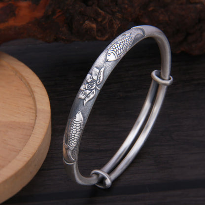 Mythstone 999 Sterling Silver Koi Fish Lotus Wealth Luck Bracelet Bangle