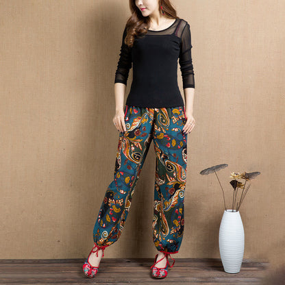 Mythstone Fan Cashew Flower Pattern Cotton Linen Harem Pants With Pockets