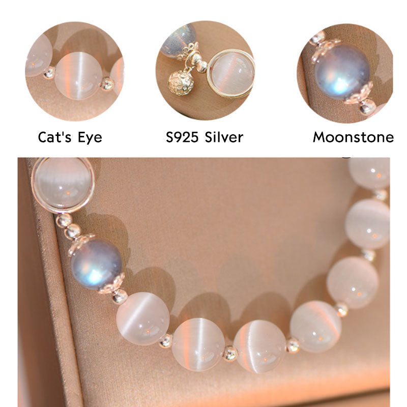 Pulsera de apoyo al amor con piedra lunar y ojo de gato en plata de ley 925 de Mythstone