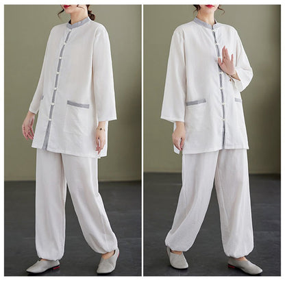 Mythstone 2Pcs Solid Color Long Sleeve Shirt Top Pants Meditation Zen Tai Chi Cotton Linen Clothing Women's Set