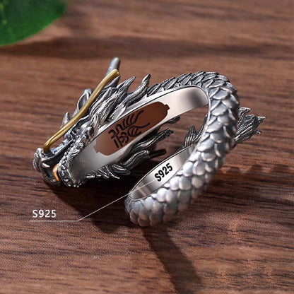 Mythstone 925 Sterling Silver Vintage Dragon Design Protection Strength Adjustable Ring