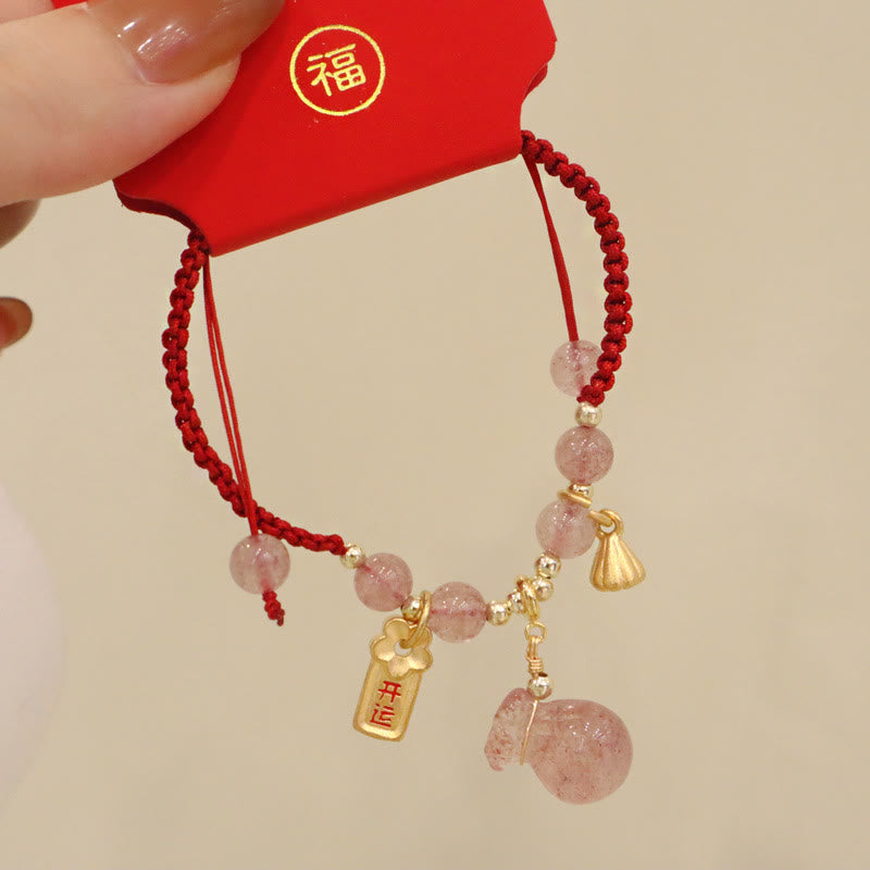 Mythstone Natural Strawberry Quartz Money Bag Lotus Healing Charm Red String Braided Bracelet