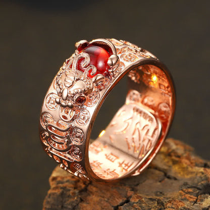 Mythstone FengShui PiXiu Red Garnet Heart Sutra Wealth Ring