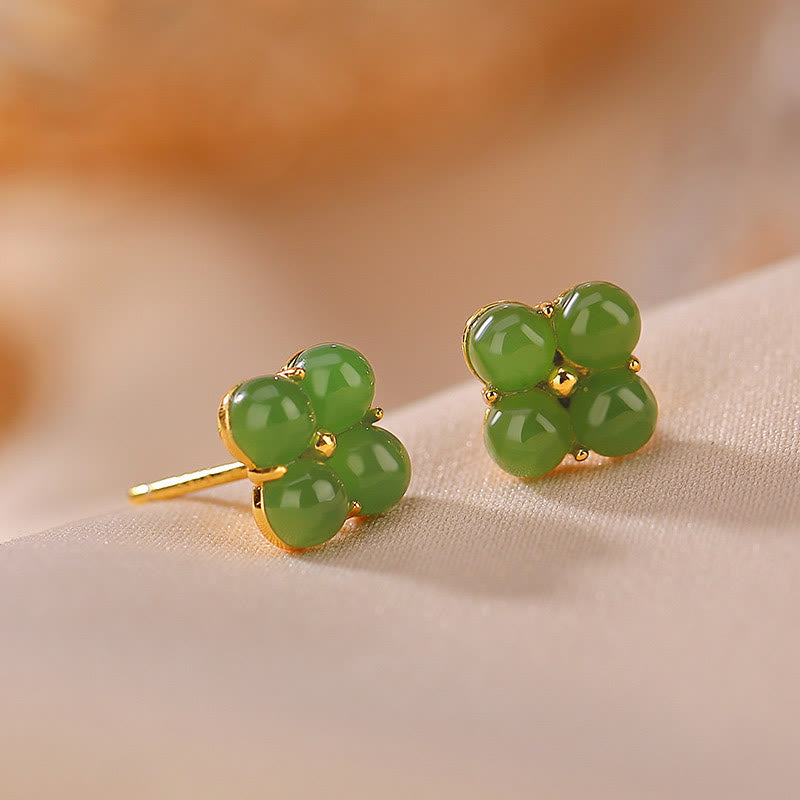 Mythstone 925 Sterling Silver Plated Gold Natural Cyan Jade Four Leaf Clover Luck Stud Earrings