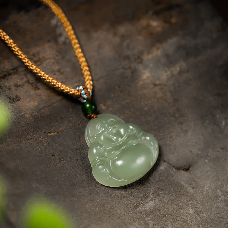 Mythstone Laughing Buddha Jade Lotus Prosperity String Necklace Pendant