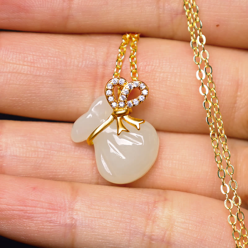 Mythstone Natural Hetian White Jade Luck Money Bag Necklace Pendant