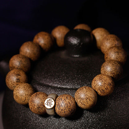 Mythstone Chinese Zodiac Natal Buddha Natural Agarwood Silver Peace Calm Bracelet