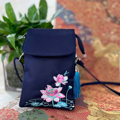 Mythstone Waterproof Handmade Embroidered Lotus Flowers Crossbody Bag Shoulder Bag Cellphone Bag