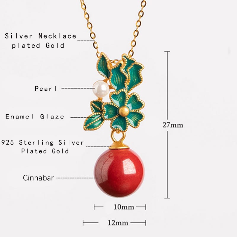 Mythstone 925 Sterling Silver Plated Gold Cinnabar Pearl Flower Blessing Necklace Pendant Earrings Ring Set