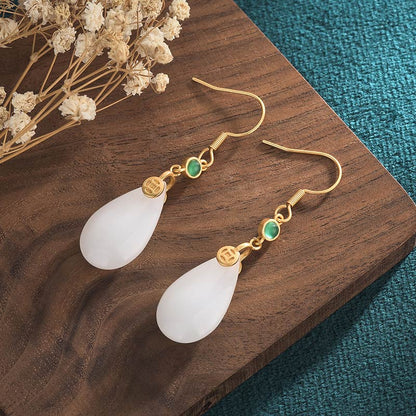 Mythstone FengShui White Jade Luck Drop Earrings