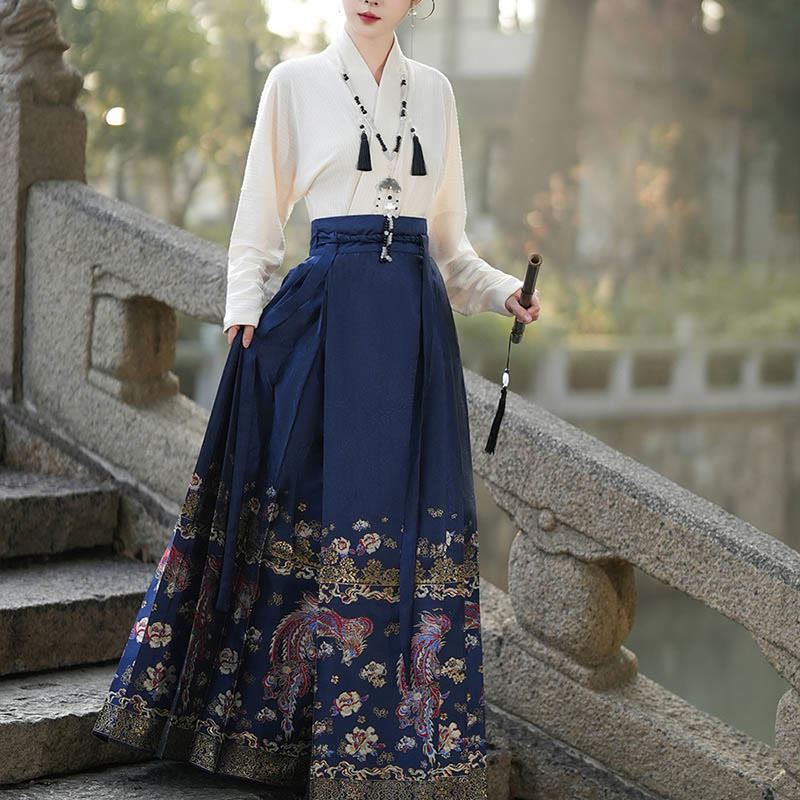 Mythstone Blue Phoenix Flowers Printed Chinese Hanfu Horse Face Skirt Mamianqun