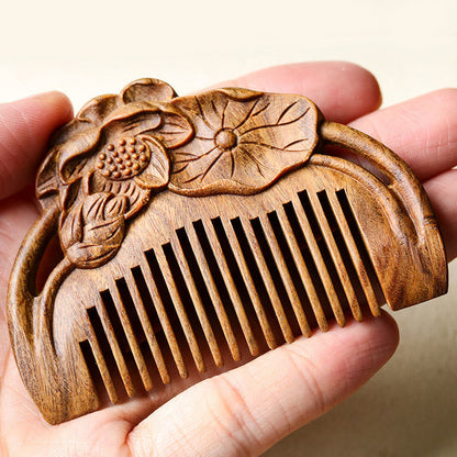 Mythstone Natural Green Sandalwood Lotus Flower Leaf Engraved Soothing Comb