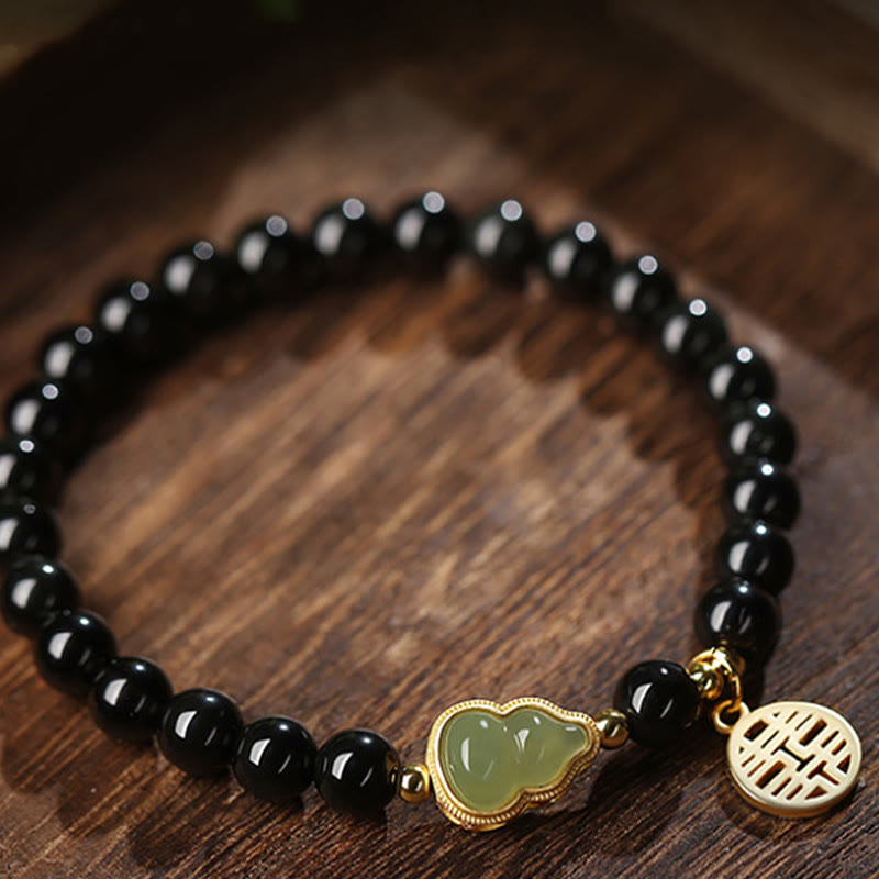 MythStone Natural Black Obsidian Hetian Jade Gourd Double Happiness Strength Bracelet