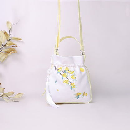 Mythstone Embroidered Osmanthus Peony Grape Cat Cotton Linen Tote Crossbody Bag Shoulder Bag Handbag