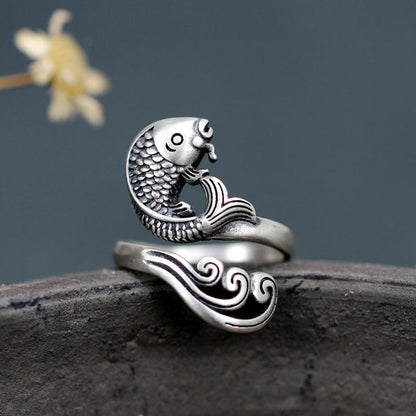 Mythstone 925 Sterling Silver Koi Fish Water Ripple Luck Wealth Ring