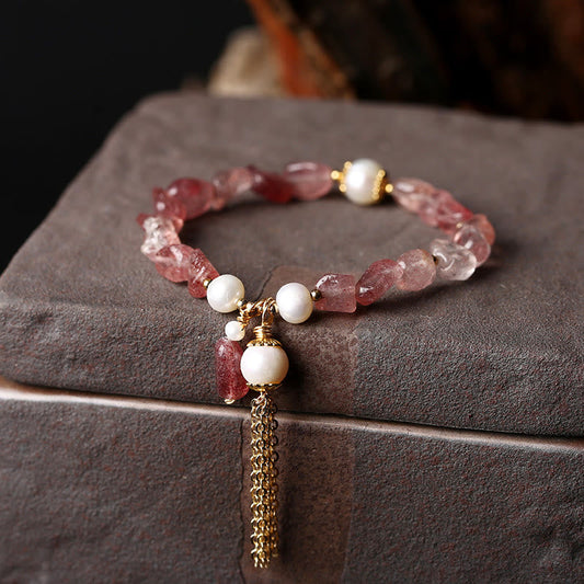 Mythstone Natural Strawberry Quartz Pearl 14k Gold Plated Love Healing Bracelet