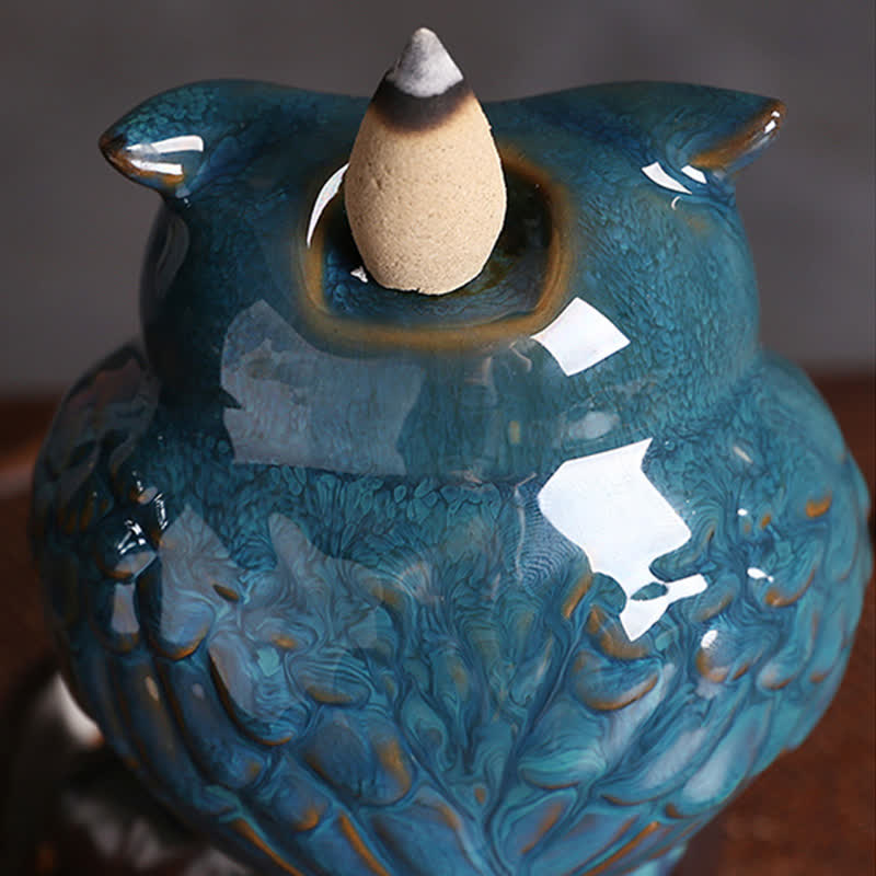 Mythstone Cute Owl Ceramic Backflow Smoke Fountain Meditation Healing Incense Burner Decoration