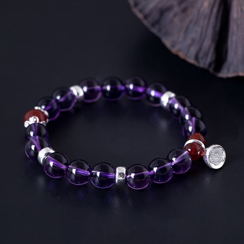 Mythstone 925 Sterling Silver Natural Amethyst Red Agate Lotus Positive Bracelet