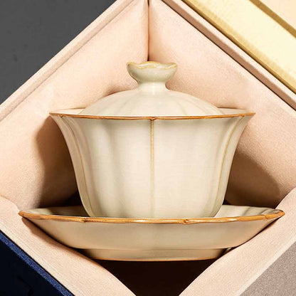 Mythstone Beige Plum Blossom Shape Peach Branch Ceramic Gaiwan Sancai Teacup Kung Fu Tea Cup With Lid