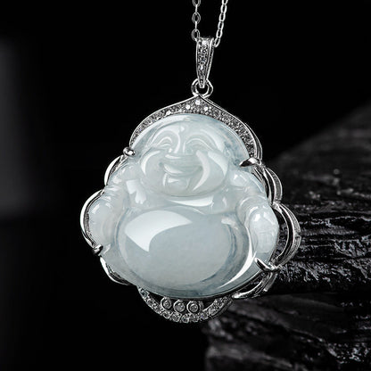 Mythstone 925 Sterling Silver Laughing Buddha Natural Jade Abundance Necklace Pendant