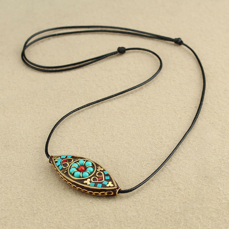 Mythstone Tibet Turquoise Bead Marquise Pattern Protection Strength Necklace Pendant