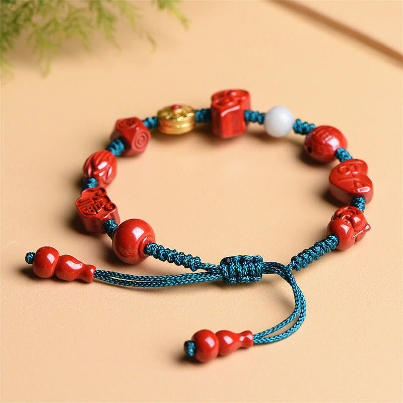 Mythstone Natural Cinnabar Gourd Om Mani Padme Hum Laughing Buddha Blessing String Bracelet