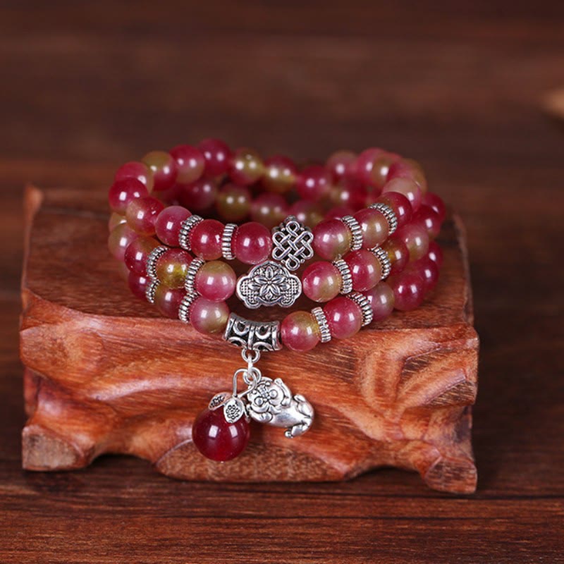 Mythstone Natural Watermelon Tourmaline PiXiu Elephant Positive Triple Wrap Bracelet