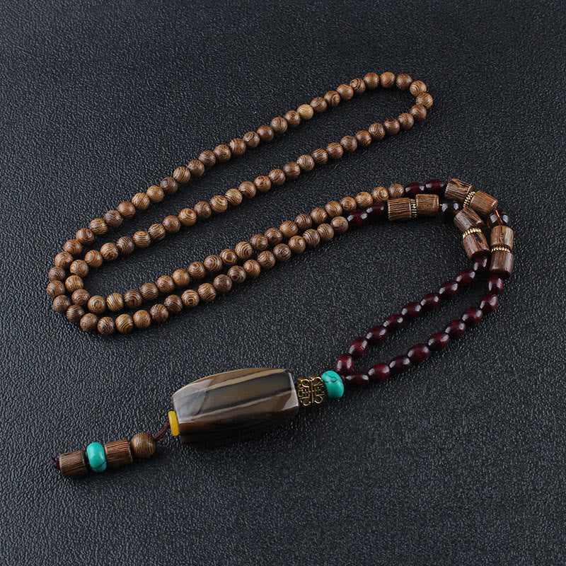 Mythstone Tibetan Wenge Wood Bodhi Seed Agate Balance Peace Necklace Pendant