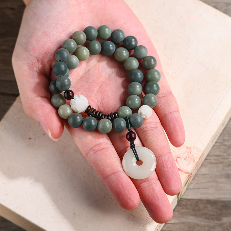 Pulsera de doble vuelta con hebilla de paz y sabiduría, semilla de bodhi, loto y jade cian