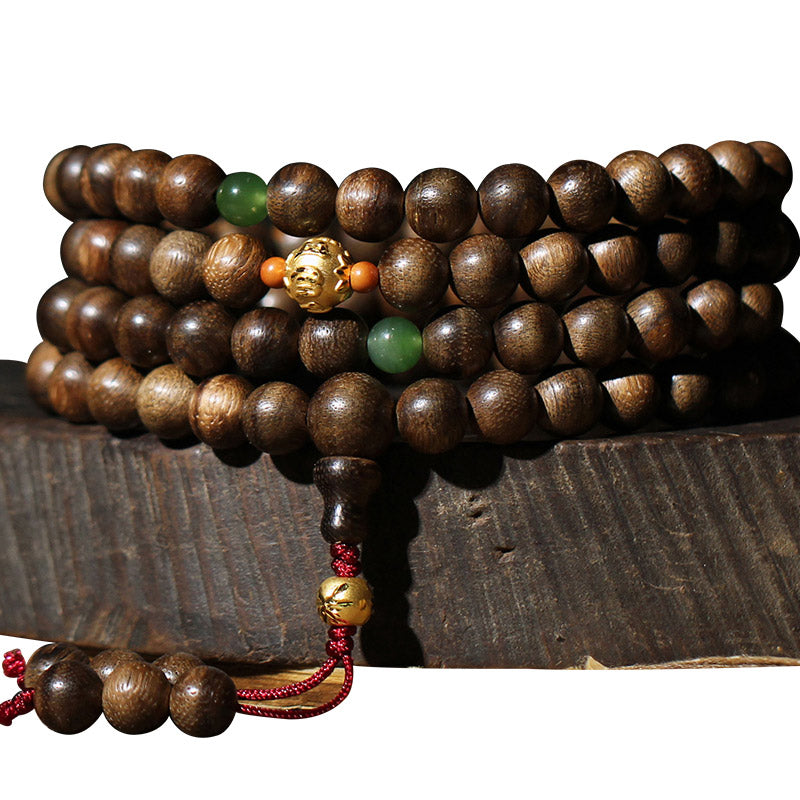 Mythstone 999 Gold 108 Mala Beads Kalimantan Agarwood Cyan Jade Six True Words Strength Bracelet